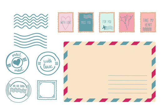 Envelopes, stamps, and stamps. Wedding and Valentine s Day stamp set. Vector Illustration. Love symbols.