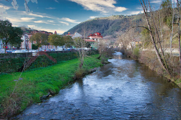 Fototapeta na wymiar Piloña river running through Infiesto village, Piloña, Asturias, Spain