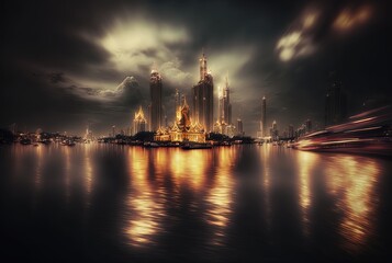 Naklejka premium illustration abstract background of blurred urban cityscape at riverside, inspired from Chao Phraya River, Thailand, Generative Ai