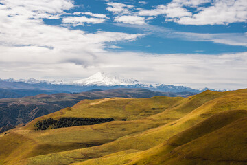 A view on Elbrus mountain and Malka river valley. Dzhili-Su, Republic of Kabardino-Balkaria