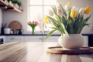 tulips bouquet in vase on wooden table at kitchen, warm light shine bright from behind, idea for spring background , Generative Ai