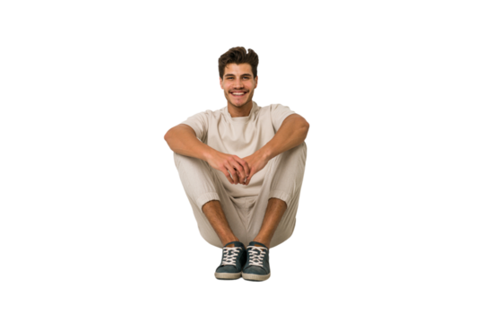 Young caucasian man sitting on the floor isolated on white background
