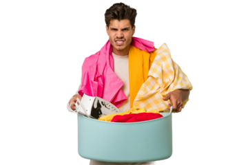 Young caucasian man doing laundry isolated on white background