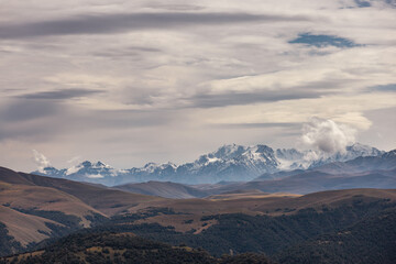 Obraz na płótnie Canvas A view on Elbrus mountain and Malka river valley. Dzhili-Su, Republic of Kabardino-Balkaria