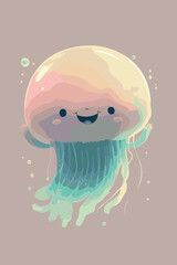 Cute happy jellyfish. Cartoon hand drawn vector drawing. Adorable happy sea creature. Aquatic wildlife. Isolated funny artwork poster. Beautiful funny medusa character. Smiling and having fun.
