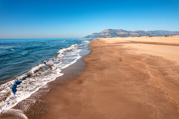 Amazing relax nature place sand beach and blue sea view, aerial top view. Concept travel Turkey