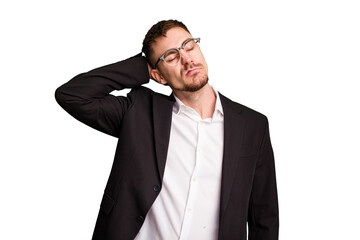 Young caucasian business man cutout isolated touching back of head, thinking and making a choice.