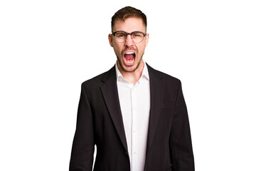 Young caucasian business man cutout isolated screaming very angry and aggressive.