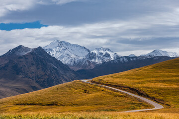 A winding mountain road to the Djily Su tract with beautiful views of the Elbrus peaks.