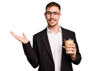 Young business caucasian man drinking a coffee isolated cutout showing a copy space on a palm and holding another hand on waist.