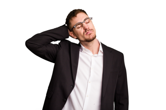 Young caucasian business man cutout isolated touching back of head, thinking and making a choice.