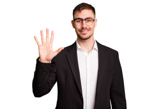 Young caucasian business man cutout isolated smiling cheerful showing number five with fingers.