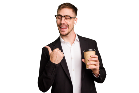 Young business caucasian man drinking a coffee isolated cutout points with thumb finger away, laughing and carefree.
