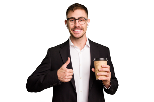 Young business caucasian man drinking a coffee isolated cutout smiling and raising thumb up