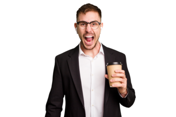 Young business caucasian man drinking a coffee isolated cutout screaming very angry and aggressive.