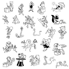cartoon characters set, set of cartoon characters, cartoon characters sketches, cartoon characters in white backgrounds, cartoon characters in png, cartoon silhouettes set, 