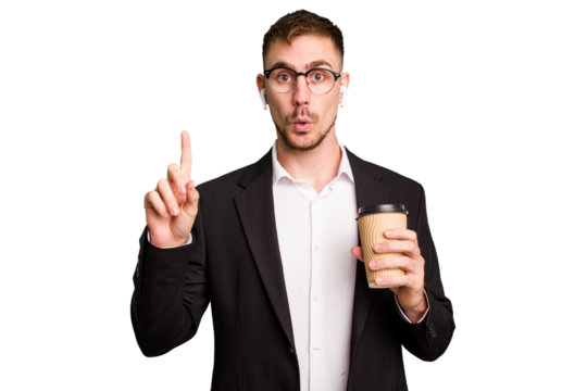 Young business caucasian man drinking a coffee isolated cutout having some great idea, concept of creativity.