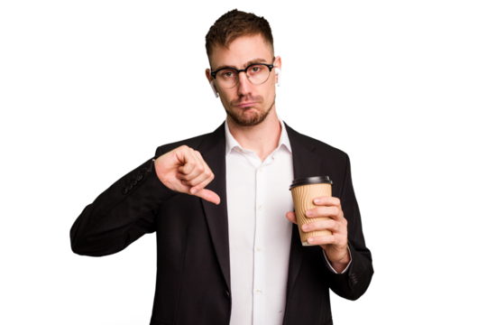 Young business caucasian man drinking a coffee isolated cutout showing a dislike gesture, thumbs down. Disagreement concept.