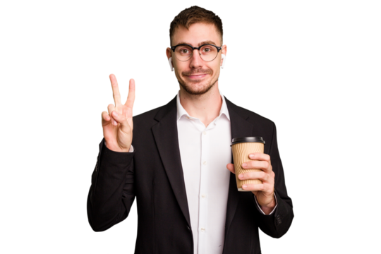 Young business caucasian man drinking a coffee isolated cutout showing number two with fingers.