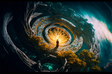 Mystic in front of a Tree Portal sci-fi fantasy 5 - Fictitious Generated by Generative Ai