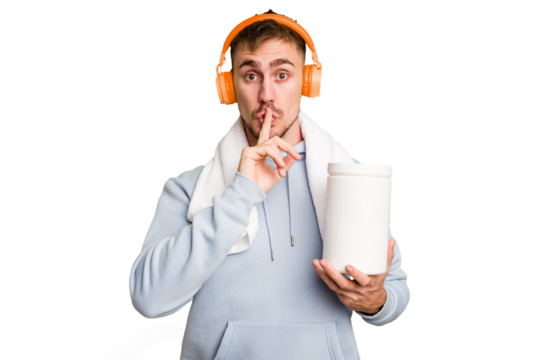 Young fitness man listening to music and holding a protein bottle isolated cut out keeping a secret or asking for silence.