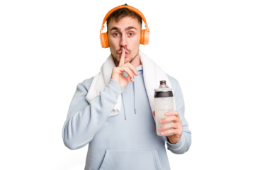 Young caucasian sporty man ready to start his gym day keeping a secret or asking for silence.