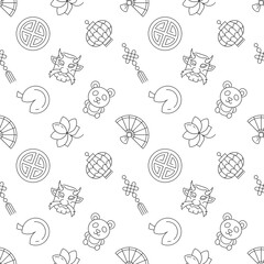 Seamless repeating pattern of panda, lotus, lantern for web sites, wrapping, printing, postcards, web sites, apps