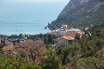 View of the resort city Novyi Svet and Green bay from trail. Crimea.
