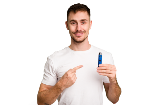 Young caucasian man holding a vaporizer cut out isolated smiling and pointing aside, showing something at blank space.