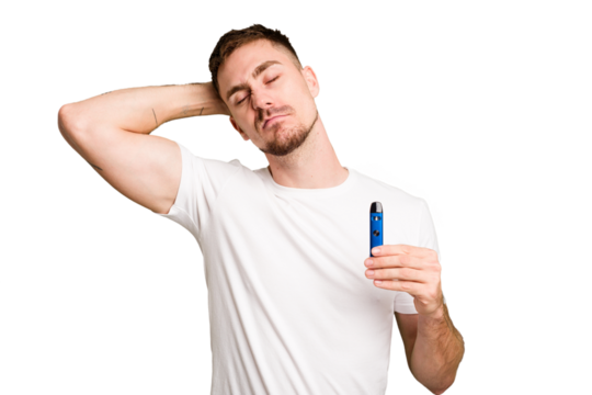 Young caucasian man holding a vaporizer cut out isolated touching back of head, thinking and making a choice.