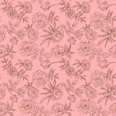 Flower pattern with contour roses chocolate colored on pink background