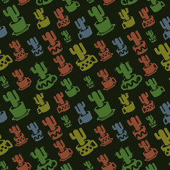 Seamless pattern with diagonal simple drawing cactus silhouette in cup