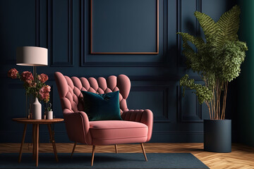 Home mockup, cozy dark blue living room interior with pink chair and decor,. Generative AI