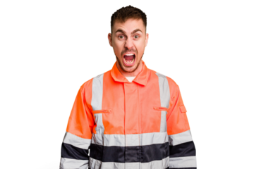 Garbage man cut out isolated screaming very angry and aggressive.