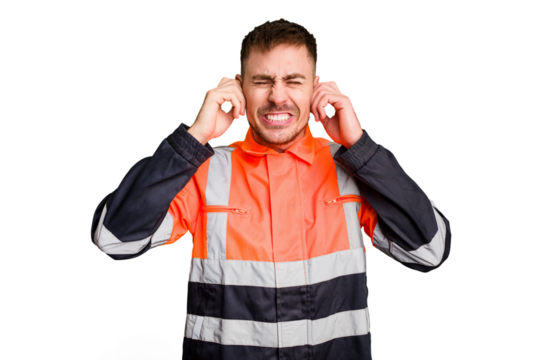 Garbage man cut out isolated covering ears with hands.