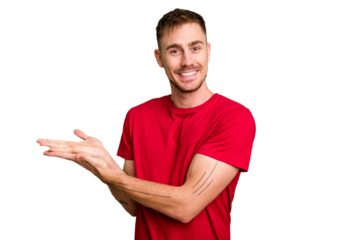 Young caucasian man cut out isolated holding a copy space on a palm.