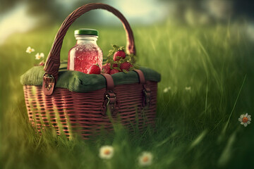Picnic in the grass, basket with food and drink. Blurred background. Generative AI