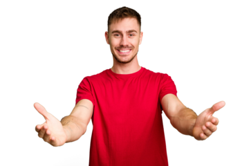Young caucasian man cut out isolated showing a welcome expression.