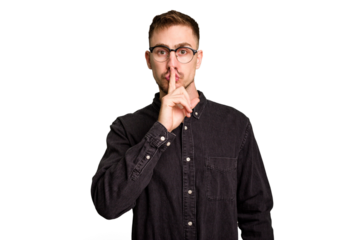 Young caucasian man cut out isolated keeping a secret or asking for silence.