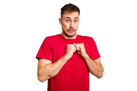 Young caucasian man cut out isolated scared and afraid.