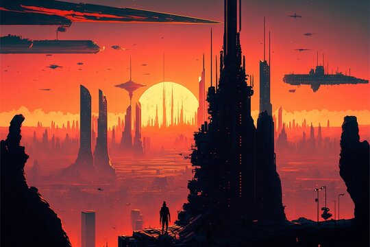 Futuristic city at sunset