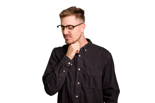 Young caucasian man cut out isolated suffers pain in throat due a virus or infection.