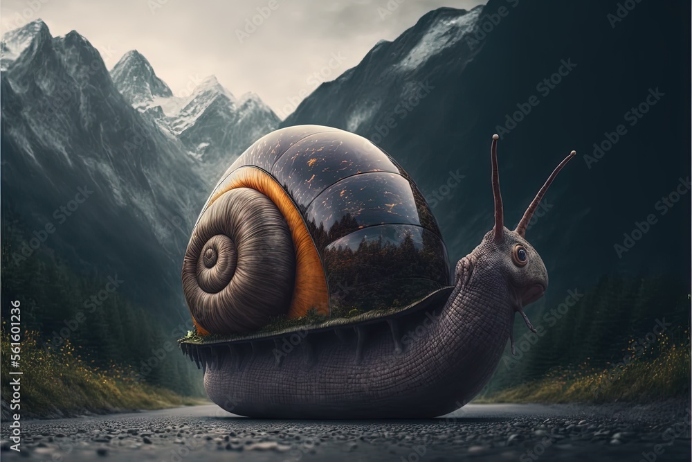 Poster a snail with a large shell is on a road in front of mountains and trees with a sky background with c