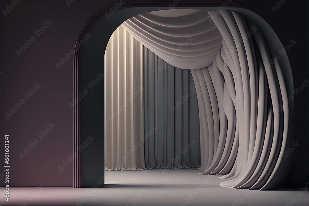 Poster a large open doorway with a curtain on the side of it and a light coming through the doorway to the 