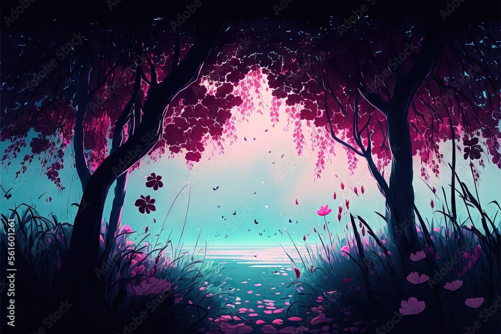Aufkleber a painting of a forest with flowers and trees in the background and a lake in the foreground with a 