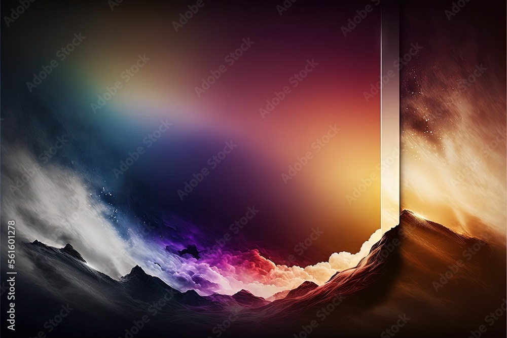 Poster a colorful picture of a mountain range with clouds and stars in the sky and a rainbow hued sky behin