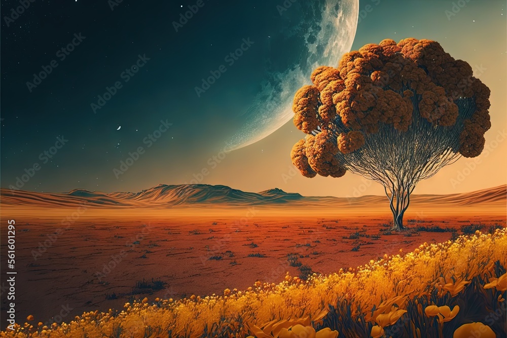 Poster a painting of a tree in a desert with a moon in the background and a distant landscape with yellow f