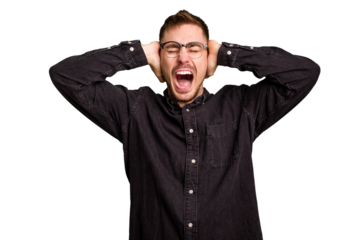 Young caucasian man cut out isolated covering ears with hands trying not to hear too loud sound.