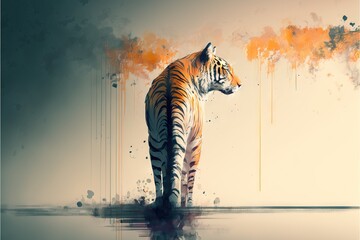 Obraz premium a tiger standing on a surface with orange and black paint splatters on it's body and head, with a yellow background of orange and black and white stripes and orange, and black. generative ai