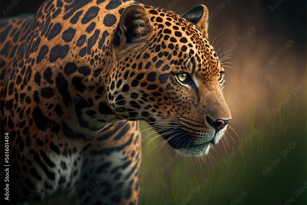 Poster a leopard is standing in the grass looking at something in the distance with a blurry background of 